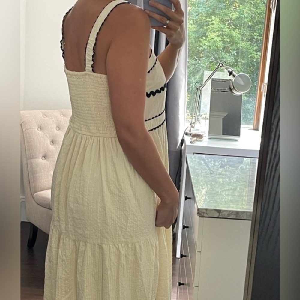 Japna Cream Cotton Tiered Midi Dress Black Ric Rac Trim Smocked Boho S - Picture 4 of 10
